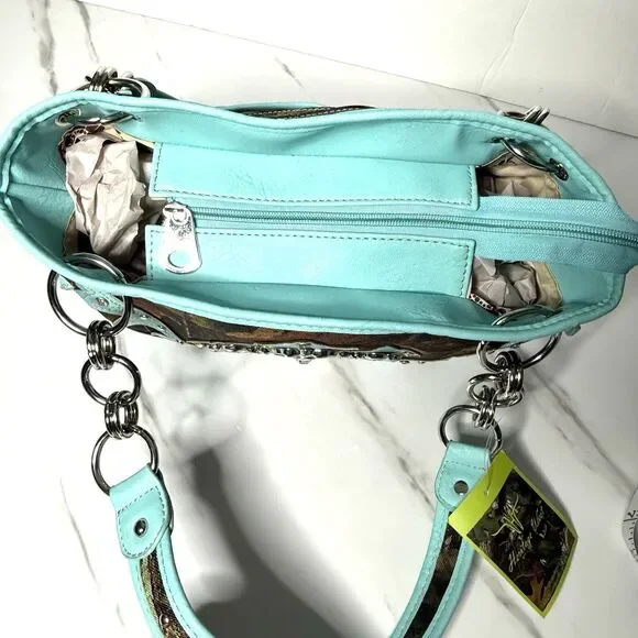 Heritage West Blue Green Camouflage Rhinestone Cross Western Double Strap Purse - Picture 13 of 13